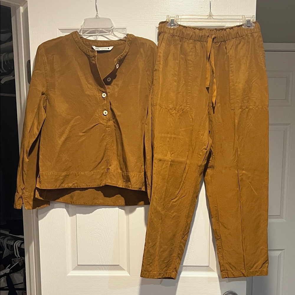 Zara Camel Button-Up Shirt and Pants Set